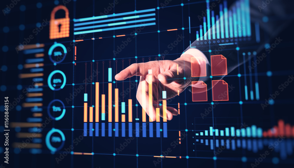 Poster Interactive financial interface with graphs and charts on digital display.