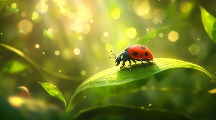 Fototapeta premium Bright Red Ladybug on Green Leaf in Sunlit Forest Environment