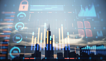 Financial data and market graphs overlaying a cityscape at sunset.