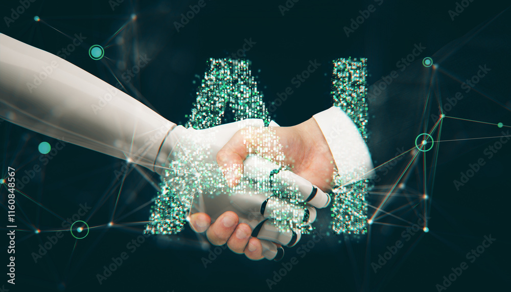 Aufkleber human and robotic handshake merging with ai text on futuristic background.