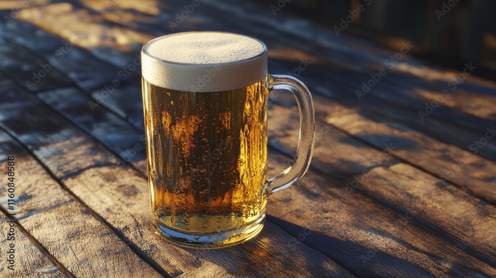 Poster Refreshing Cold Beer Foam Head on a Rustic Wooden Table