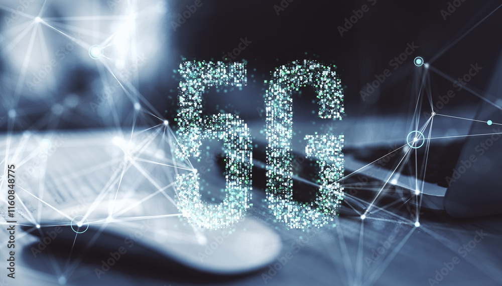 Poster digital 5g sign displayed with holographic elements on a desk.