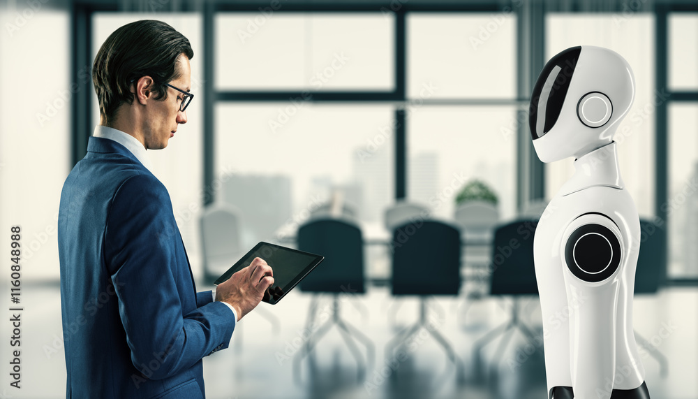Poster businessman interacting with robot in modern office setting.