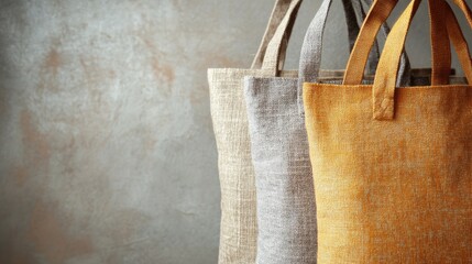 Textured Linen Tote Bags in Beige, Gray, and Orange Hanging Against a Softly Textured Background, Ideal for Eco-Friendly and Sustainable Lifestyle Themes
