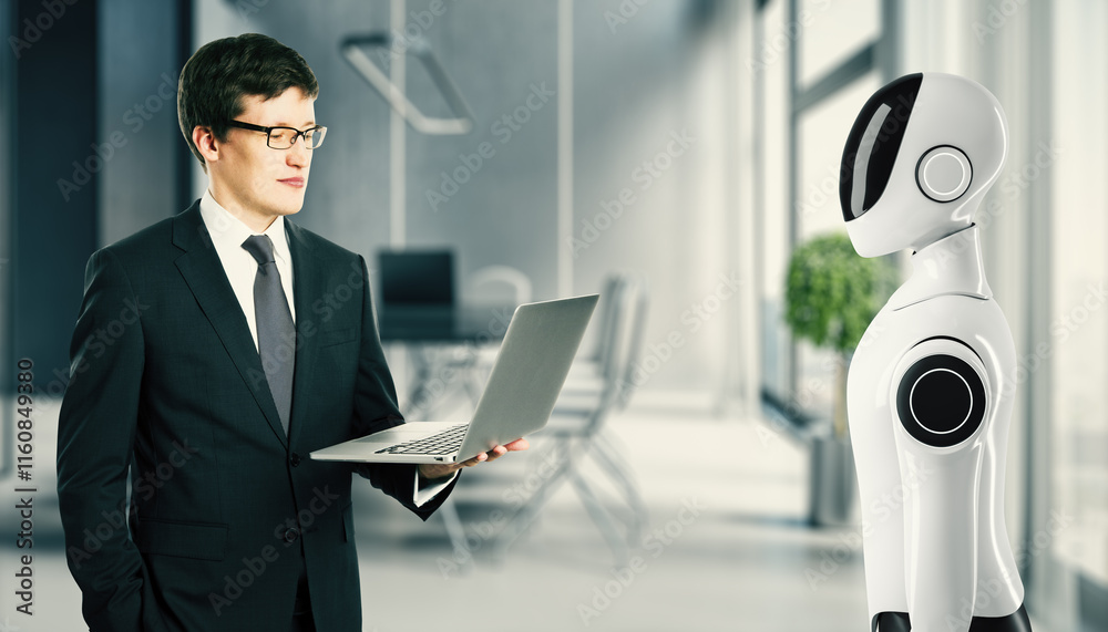 Poster businessman interacting with a robot in a modern office environment.