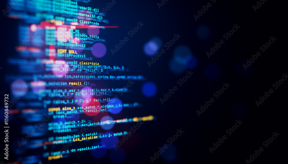 Leinwandbilder Colorful programming code lines on blurred dark blue background. 3D Rendering