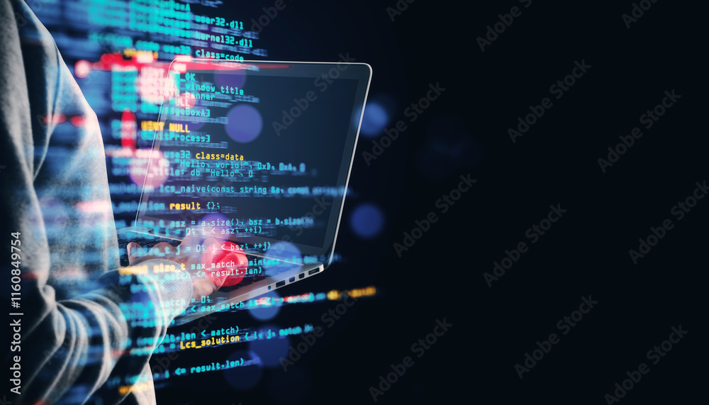 Aufkleber Person working on a laptop with displayed code on screen, bright digital elements, dark background, concept of coding and software development.