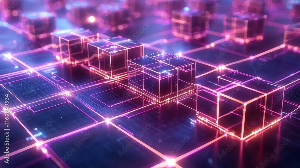 Poster interconnected blockchain network of cubes and glowing lines in futuristic digital landscape complex
