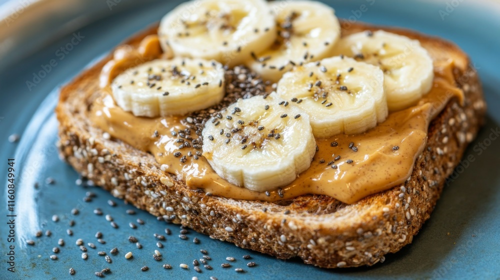 Poster healthy toast with peanut butter and sliced bananas on plate