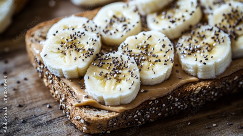 Poster delicious whole grain toast topped with peanut butter and banana slices