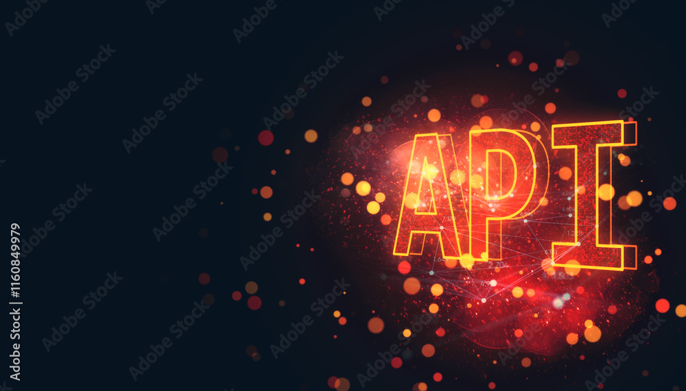 Aufkleber Glowing API text with orange neon effect and digital bokeh particles on a dark background. 3D Rendering