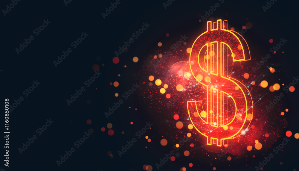 Poster Neon glowing dollar sign with orange light and abstract bokeh effect on dark background. 3D Rendering