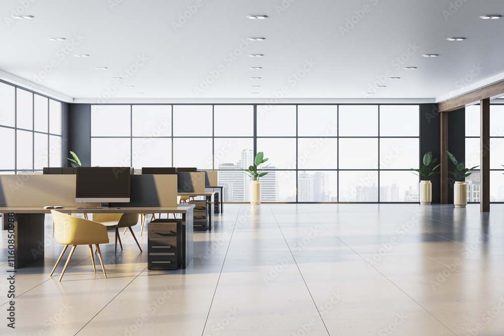 Poster modern office interior with desks and chairs in open workspace, large glass windows with city view, 