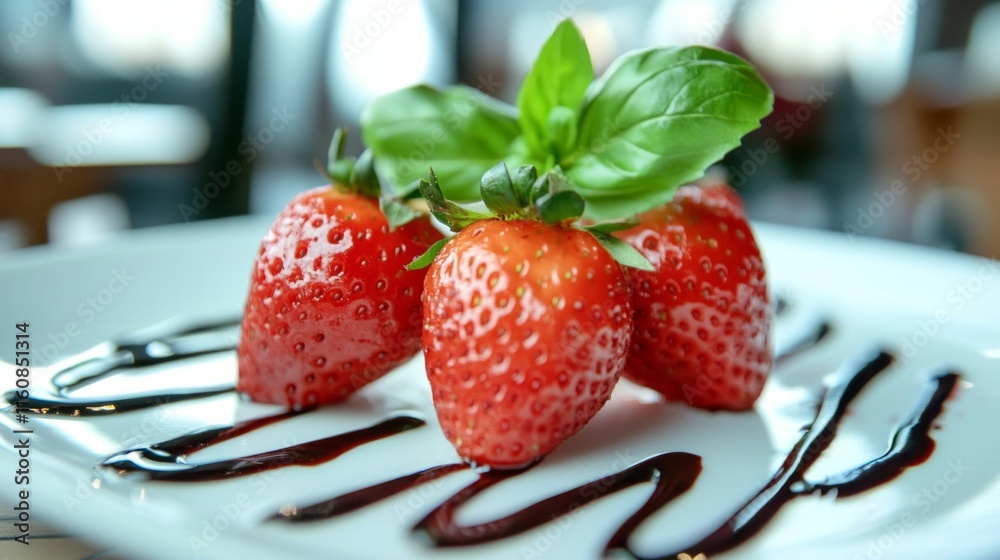 Poster Fresh Strawberries with Basil on Plate Drizzled with Sauce