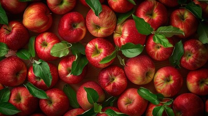 Fresh red apples with leaves, close-up view.