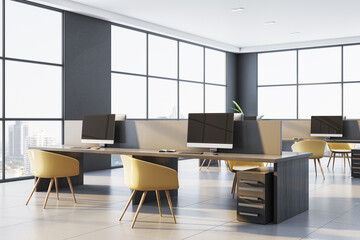 Modern office interior with spacious workspace featuring desks, yellow chairs, and large windows overlooking city view. 3D Rendering