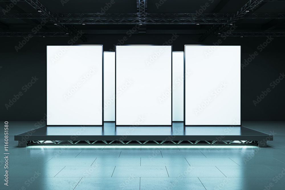 Aufkleber Modern empty exhibition stage with blank illuminated screens in a dark hall. 3D Rendering