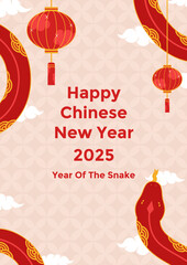 Naklejka premium Chinese lunar new year poster template with wavy red snake and hanging traditional Chinese lantern