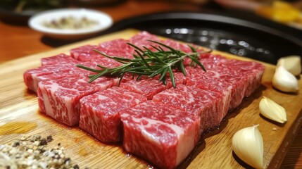 Fototapeta premium Fresh Marbled Beef on Wooden Board with Garlic and Herbs Garnish