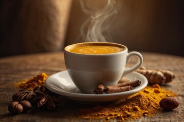 cup of a hot brown coffee with somke