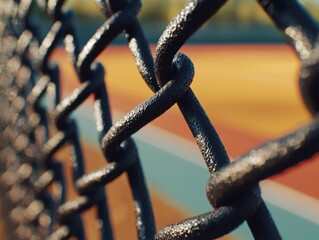Close-up View of a Chain Link Fence Surrounding a Sports Field