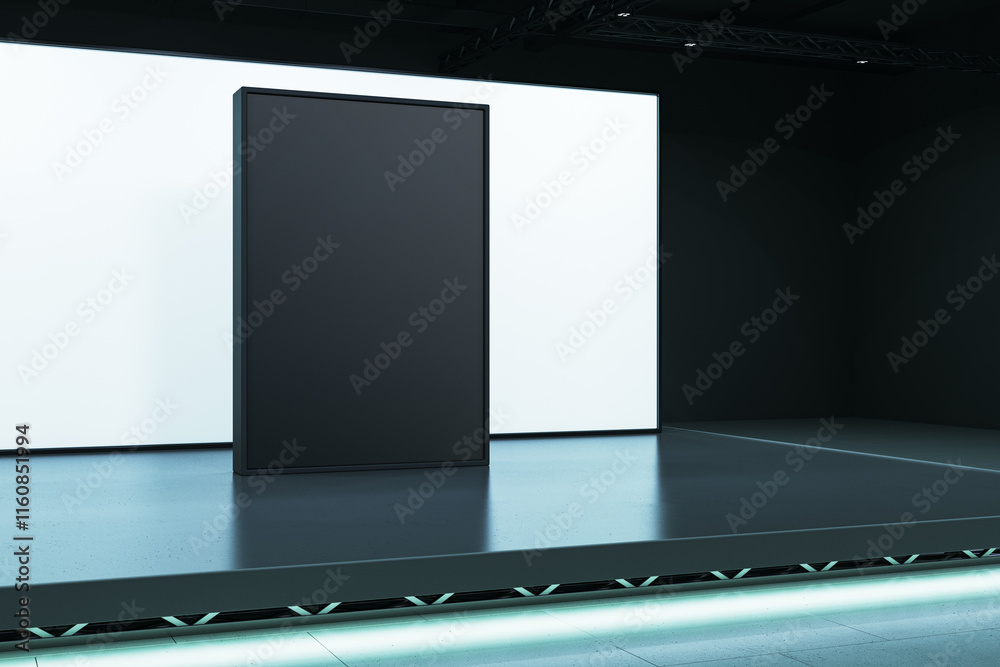 Poster Black and white display panel on an illuminated stage in a dark interior setting with clean modern design. 3D Rendering