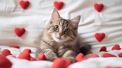 Cute Cat on White Bed with Red Hearts, Valentine's Day Theme, Photorealistic Wide-Angle Portrait, Shallow Depth of Field
