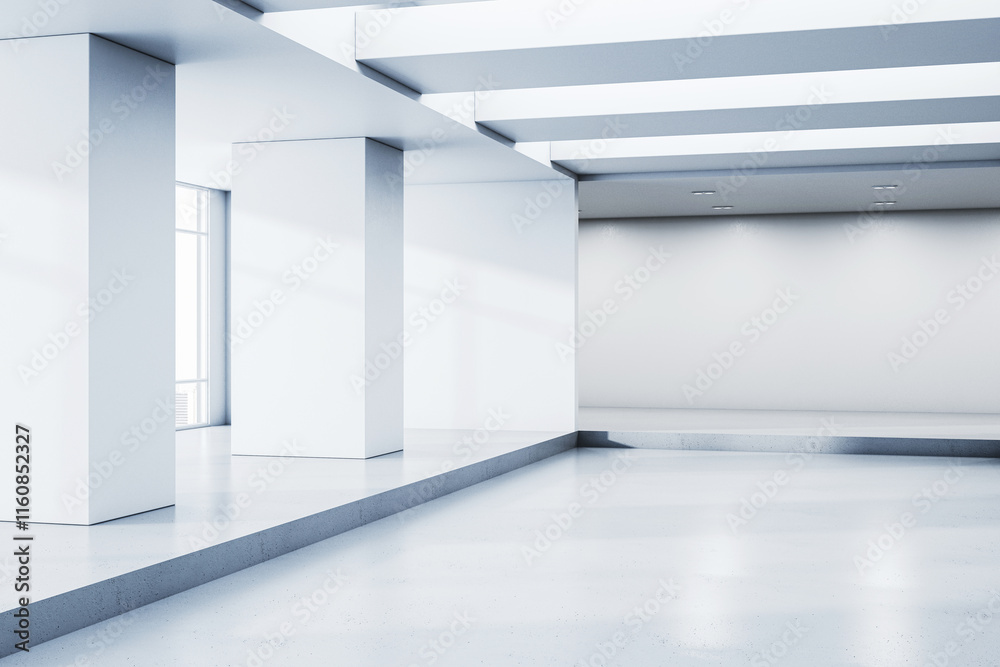 Aufkleber Modern white interior with large columns and minimalistic design featuring clean lines and ample natural light from windows. 3D Rendering