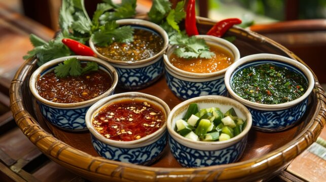 Variety of Colorful Dipping Sauces in Decorative Bowls on a Tray
