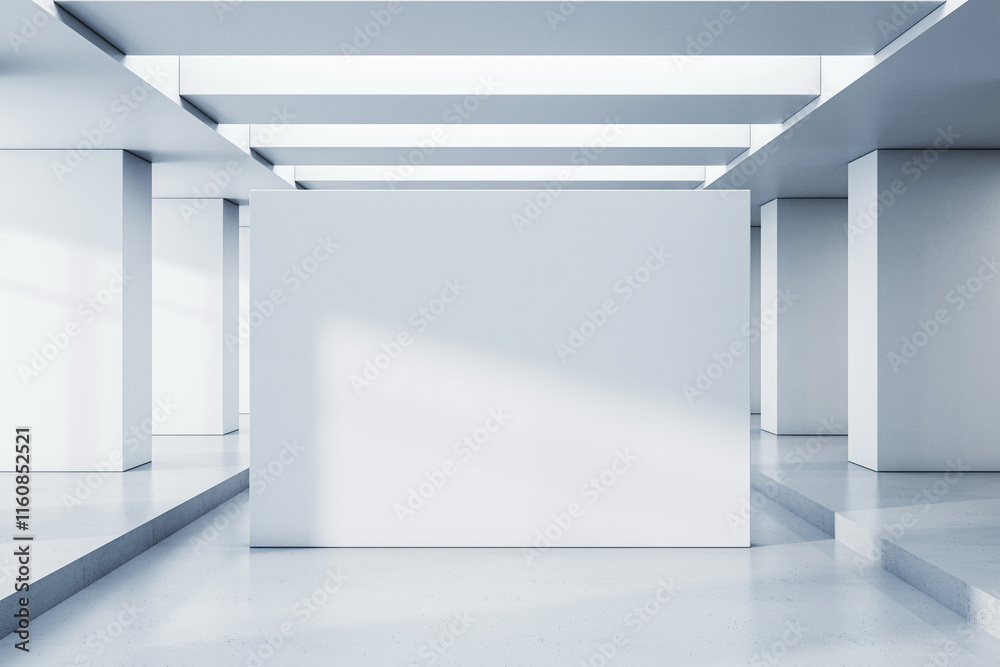 Poster Abstract modern interior corridor with white geometric walls and columns in a clean and minimalistic design. 3D Rendering