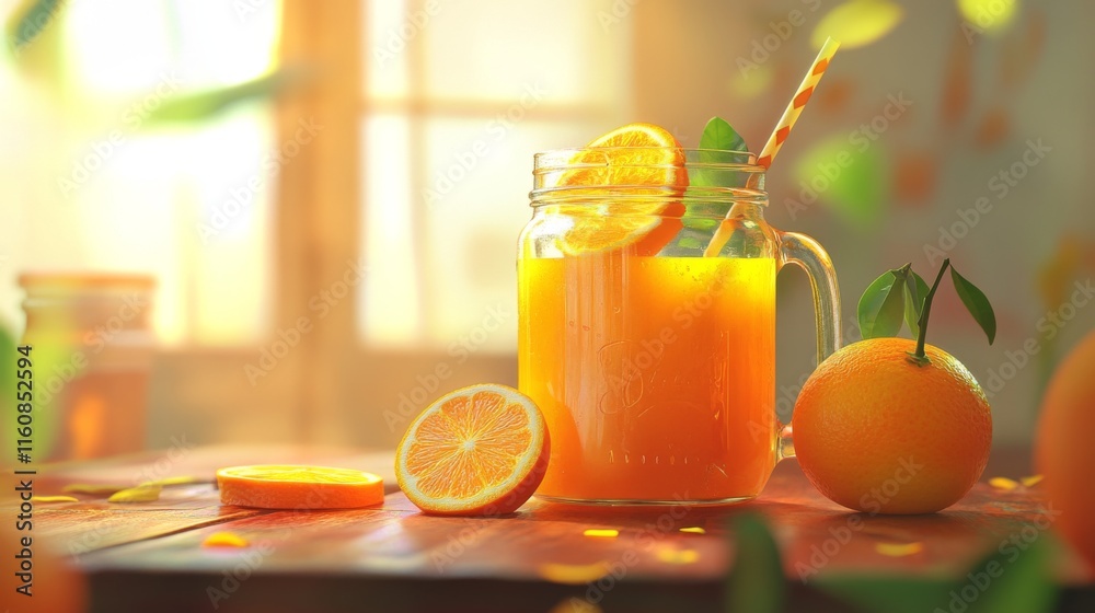 Poster Freshly Squeezed Orange Juice in Mason Jar with Citrus Fruits