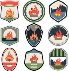 retro bonfire badge set cartoon. nostalgia outdoors, scout adventure, classic embroidery retro bonfire badge sign. isolated symbol vector illustration