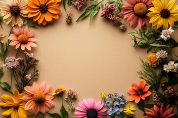 Fototapeta premium Colorful flower arrangement with various blooms forming a vibrant border against a neutral background
