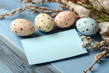 Colorful speckled eggs arranged on a rustic table with pale blue note and dried branches