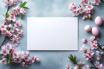 Obraz premium Spring celebration with cherry blossoms and pastel eggs on a light blue surface