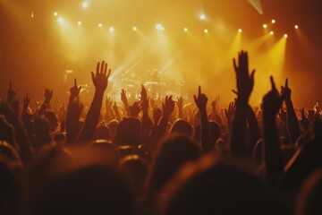 Energetic concert scene with raised hands against backdrop of vi