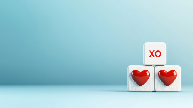 Valentine Block Concept, Decorative wooden blocks with XO pattern and red heart shapes create cheerful vibe