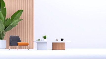 Fototapeta premium Modern minimalist interior with plants and coffee setup.