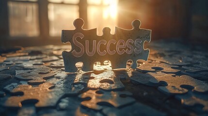 Puzzle pieces fitting together to form the word  Success  representing the concept of achieving goals through strategic planning and problem solving