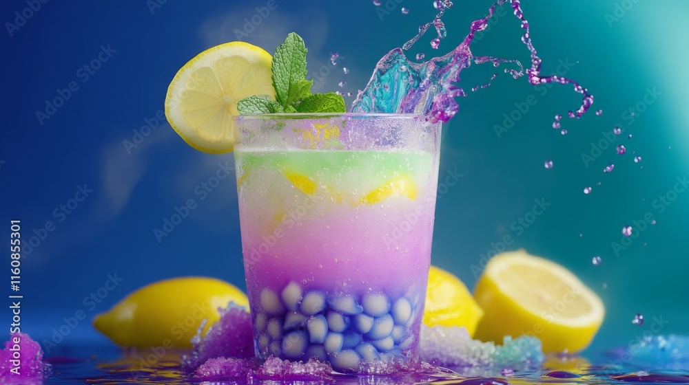 Poster Vibrant Refreshing Drink with Colorful Layers and Lemon Garnish