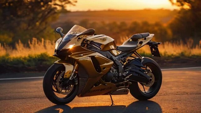 A superbike bathed in the warm, golden hues of a setting sun, with long shadows stretching across the asphalt, Japanese anime-style 4k lofi hip-hop bites landscape music background animation video