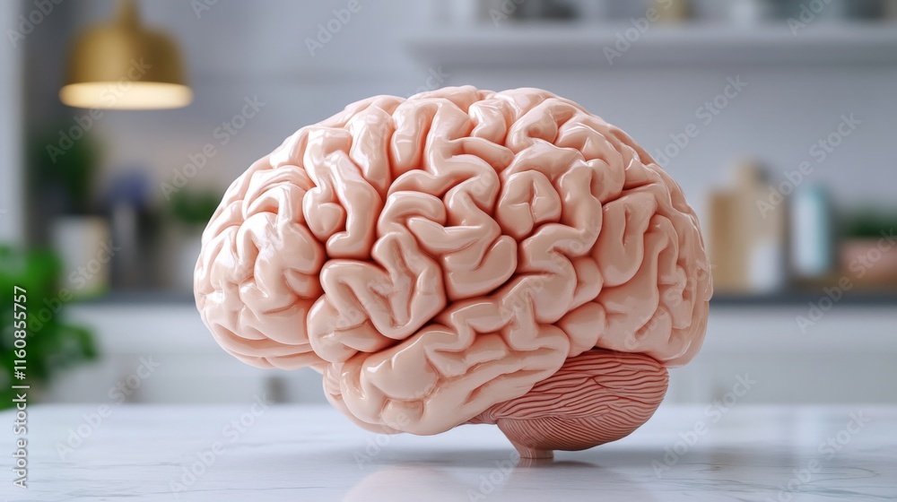 Poster realistic model of human brain on a table in a modern kitchen