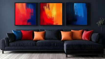 Modern Interior Design with Abstract Art and Black Sofa - 3D Illustration
