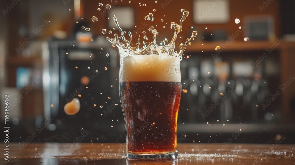 Poster Refreshing Beer Glass with Splash and Foam on Wooden Table