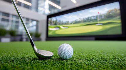 Summer Sports Tournament. Indoor golf setup with a club and ball in front of a digital screen.