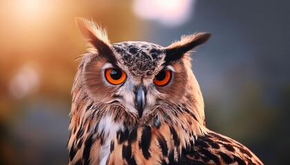 Obraz premium eagle owl with big orange eyes and black beak looking to camera