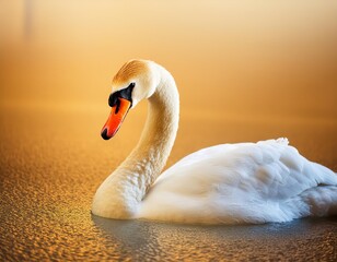 Mute swan on lake. Big white bird swimming in yellow sunlight