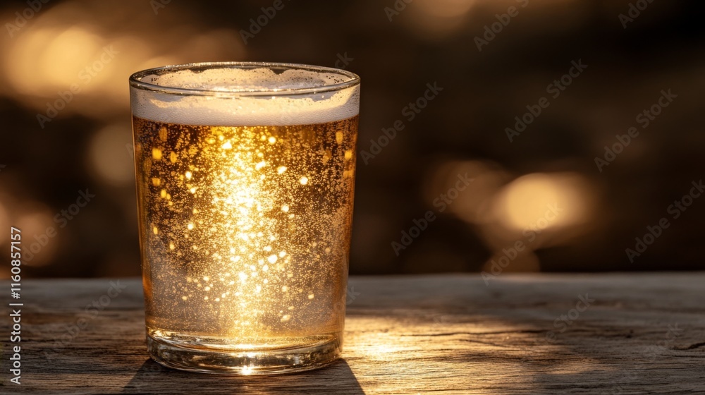 Poster Refreshing Cold Beer in a Glass with Sparkling Bubbles and Light