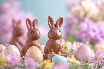 Chocolate Bunnies with Easter Eggs and Flowers