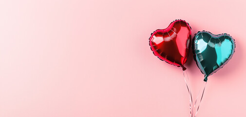 Red heart shaped balloons on pink background, flat lay with space for text. Saint Valentine's day celebration